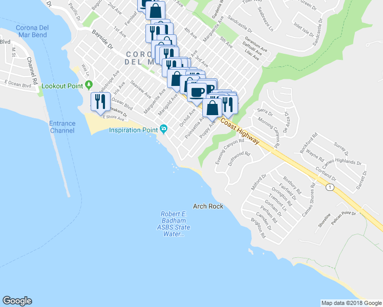 map of restaurants, bars, coffee shops, grocery stores, and more near 216 Poppy Avenue in Newport Beach