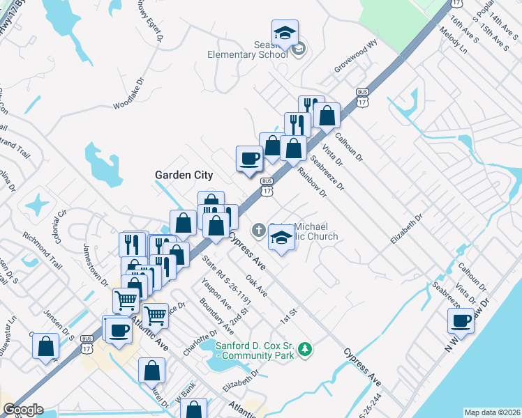 map of restaurants, bars, coffee shops, grocery stores, and more near 821 Main Sail Court in Murrells Inlet