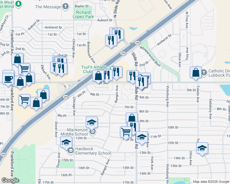 map of restaurants, bars, coffee shops, grocery stores, and more near 412 Bangor Avenue in Lubbock