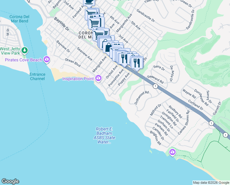 map of restaurants, bars, coffee shops, grocery stores, and more near 216 Poppy Avenue in Newport Beach
