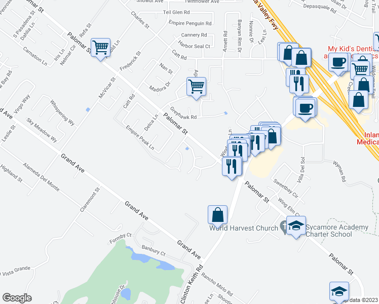 map of restaurants, bars, coffee shops, grocery stores, and more near 32459 Whispering Glen Trail in Wildomar