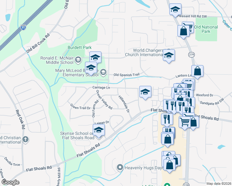 map of restaurants, bars, coffee shops, grocery stores, and more near 6036 Hillandale Drive in Atlanta