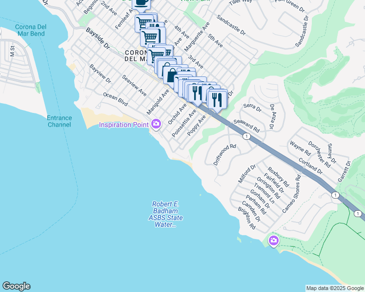 map of restaurants, bars, coffee shops, grocery stores, and more near 216 Poppy Avenue in Newport Beach