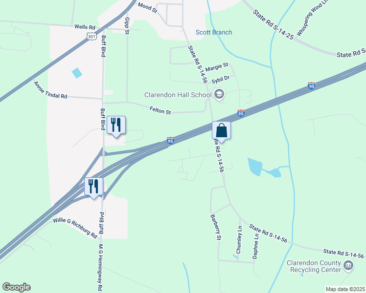 map of restaurants, bars, coffee shops, grocery stores, and more near Interstate 95 in Summerton
