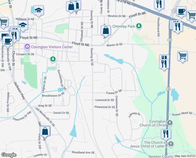 map of restaurants, bars, coffee shops, grocery stores, and more near 5129 Glover Street Southeast in Covington