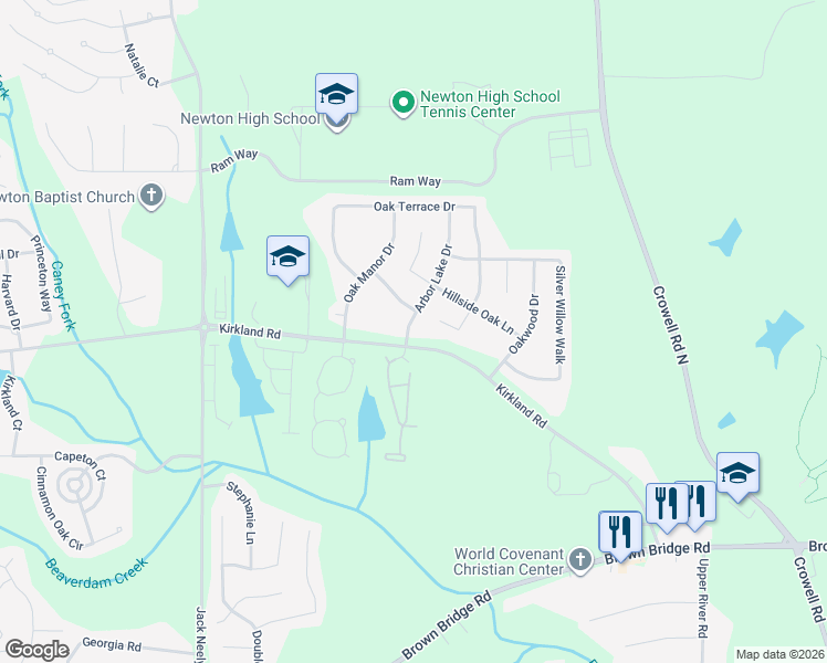 map of restaurants, bars, coffee shops, grocery stores, and more near 20 Arbor Lake Drive in Covington