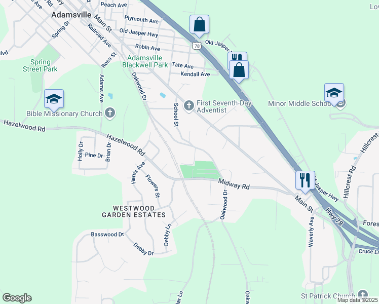 map of restaurants, bars, coffee shops, grocery stores, and more near 4115 Oakwood Drive in Adamsville