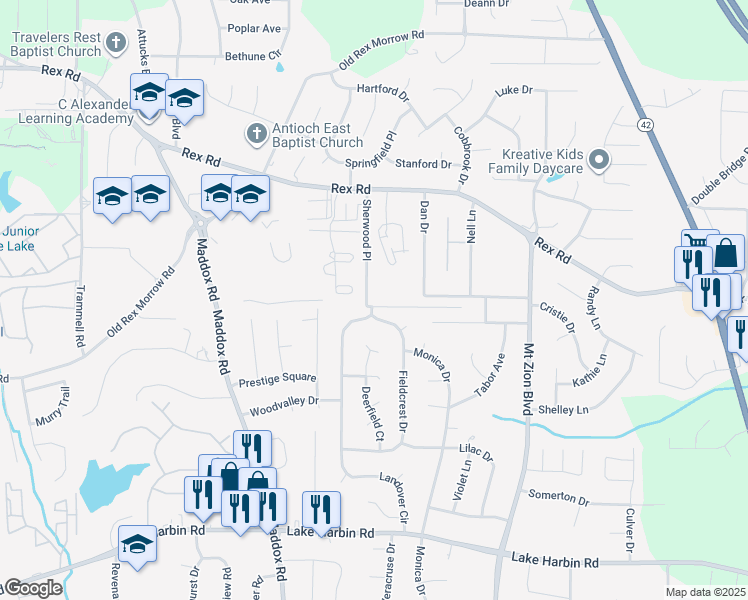 map of restaurants, bars, coffee shops, grocery stores, and more near 2488 Robinhood Drive in Ellenwood