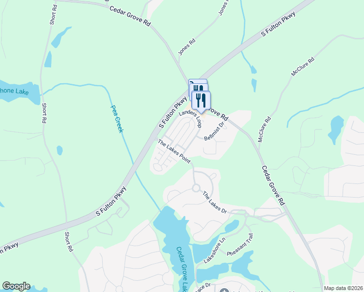 map of restaurants, bars, coffee shops, grocery stores, and more near 7855 The Lakes Point in Fairburn