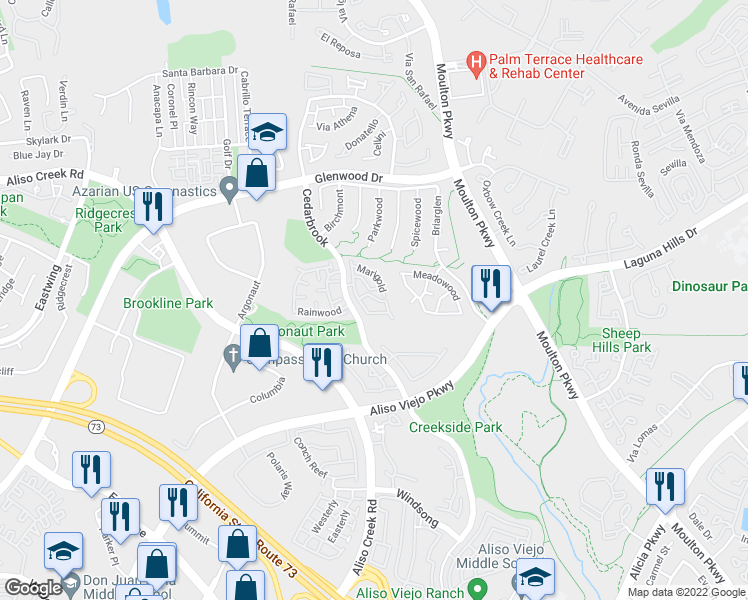 map of restaurants, bars, coffee shops, grocery stores, and more near 45 Sandalwood in Laguna Hills