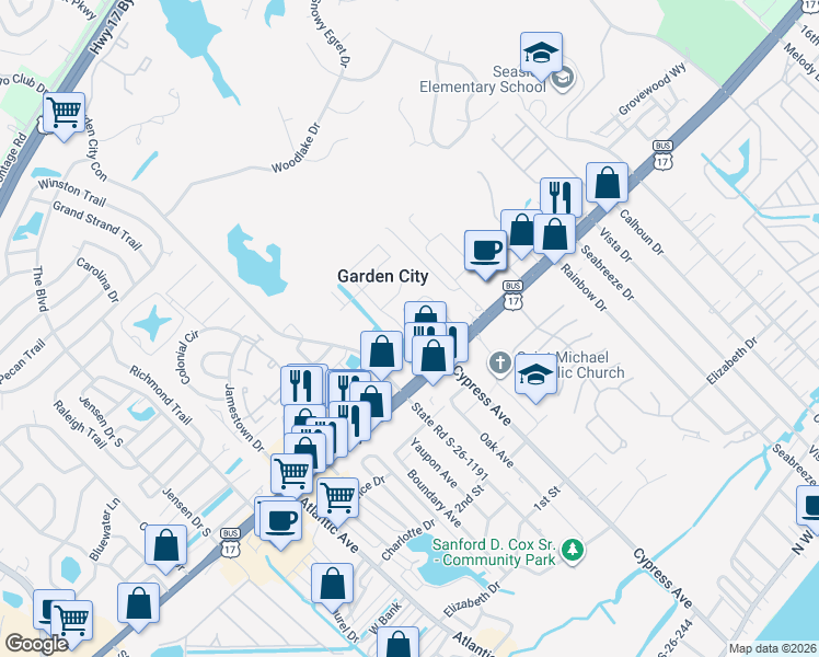map of restaurants, bars, coffee shops, grocery stores, and more near 707 Garden Lake Drive in Murrells Inlet