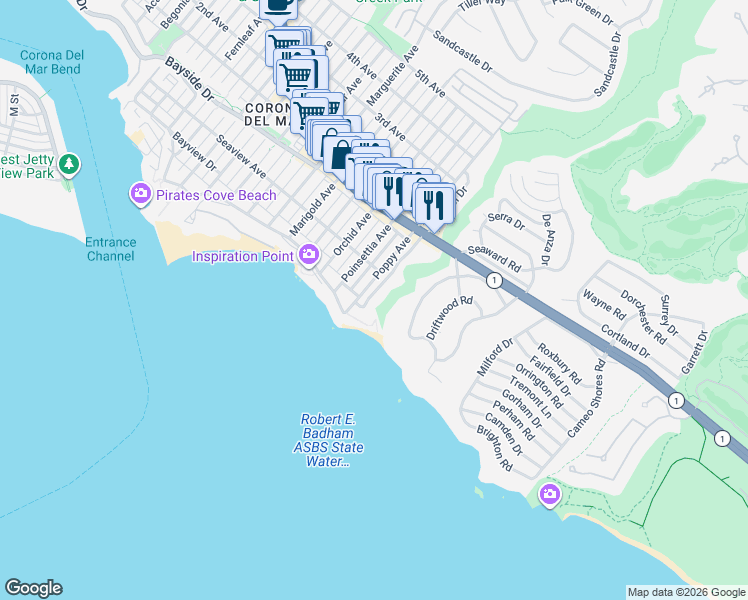 map of restaurants, bars, coffee shops, grocery stores, and more near 223 Evening Canyon Road in Newport Beach