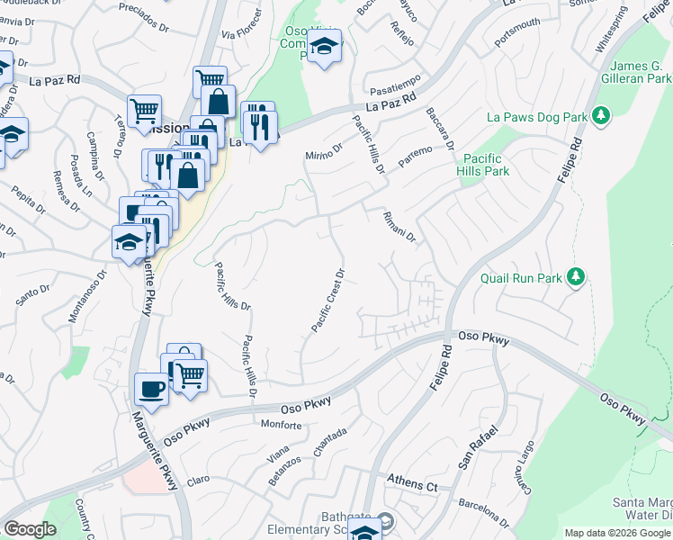 map of restaurants, bars, coffee shops, grocery stores, and more near 25622 Pacific Crest Drive in Mission Viejo