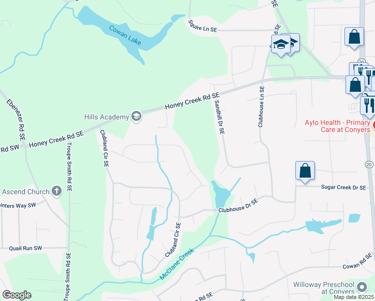 map of restaurants, bars, coffee shops, grocery stores, and more near 3510 Honeycomb Drive Southeast in Conyers