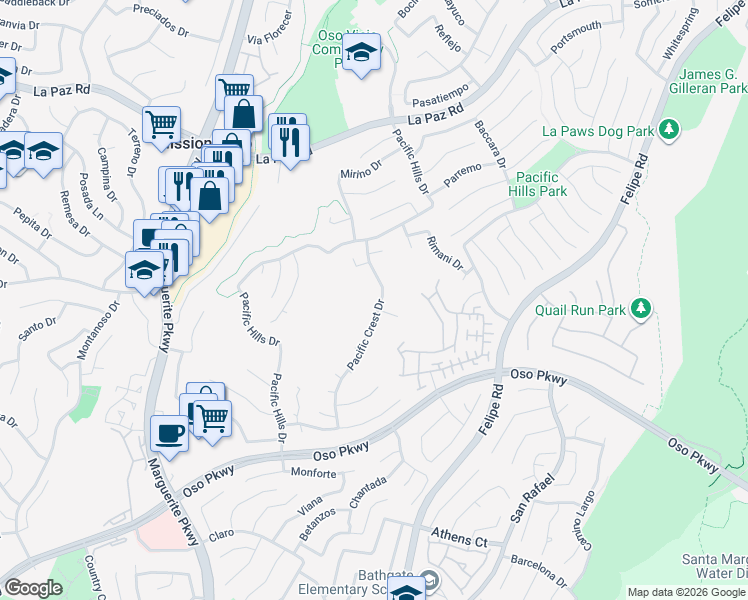 map of restaurants, bars, coffee shops, grocery stores, and more near 25622 Pacific Crest Drive in Mission Viejo