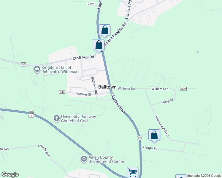 map of restaurants, bars, coffee shops, grocery stores, and more near 171 Williams Lane in Aiken