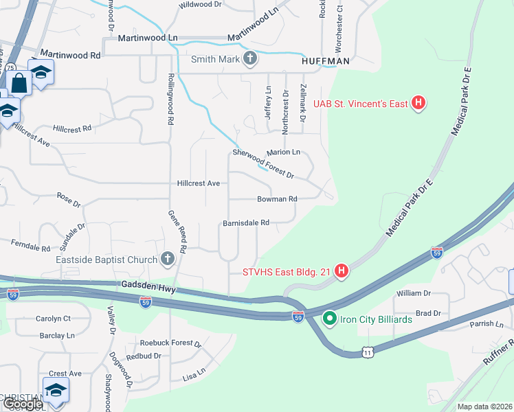 map of restaurants, bars, coffee shops, grocery stores, and more near 1125 Bowman Road in Birmingham