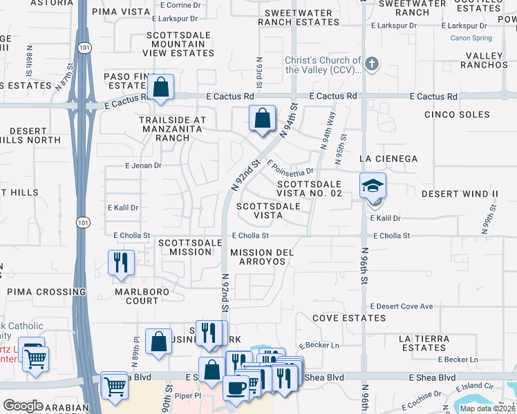 map of restaurants, bars, coffee shops, grocery stores, and more near 9295 East Kalil Drive in Scottsdale