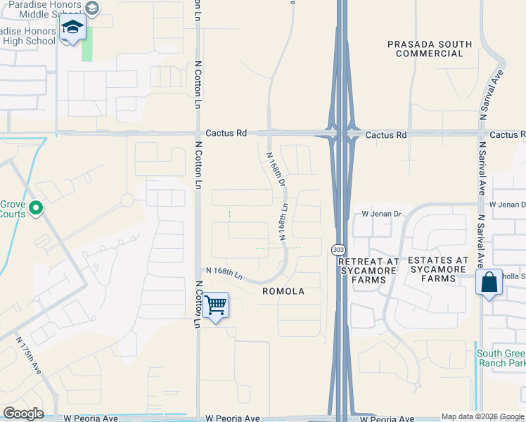map of restaurants, bars, coffee shops, grocery stores, and more near 8113 North Citrus Road in Waddell