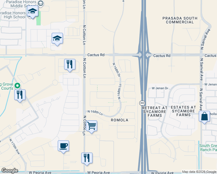 map of restaurants, bars, coffee shops, grocery stores, and more near 8113 North Citrus Road in Waddell