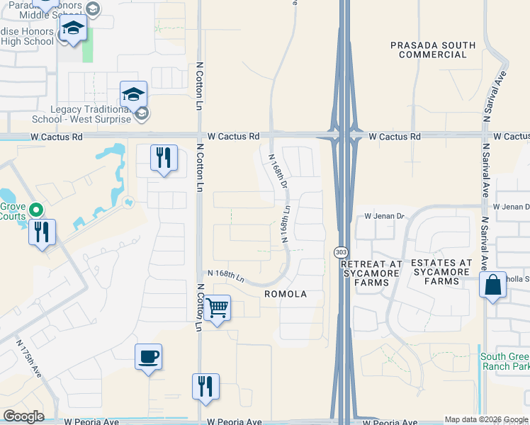 map of restaurants, bars, coffee shops, grocery stores, and more near 8113 North Citrus Road in Waddell