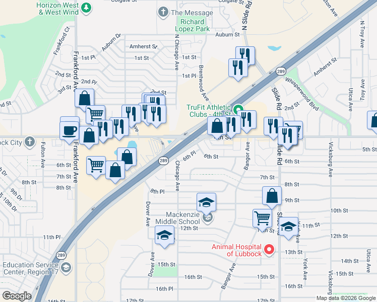 map of restaurants, bars, coffee shops, grocery stores, and more near 5449 6th Place in Lubbock