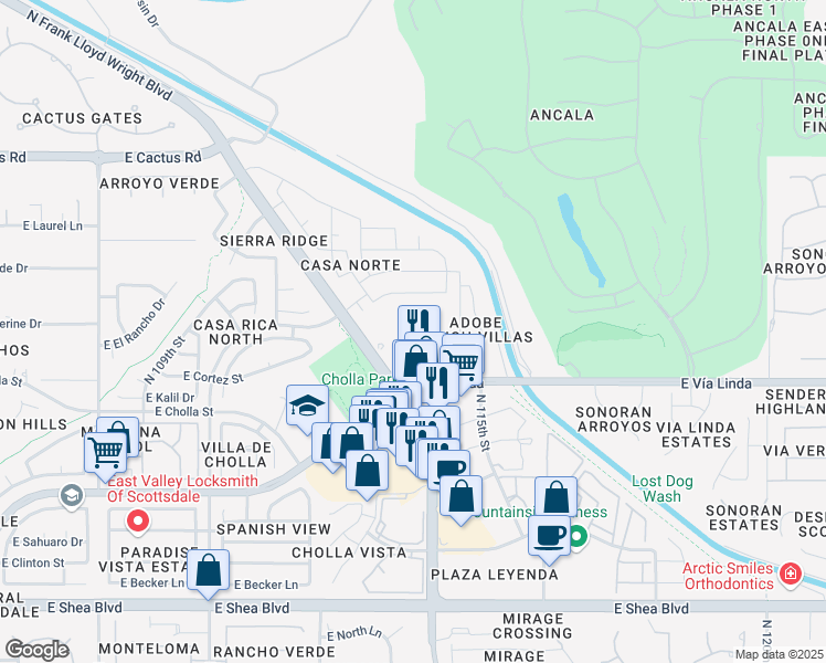map of restaurants, bars, coffee shops, grocery stores, and more near 11300 East Vía Linda in Scottsdale