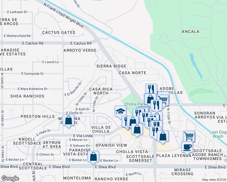 map of restaurants, bars, coffee shops, grocery stores, and more near 11062 North 110th Place in Scottsdale