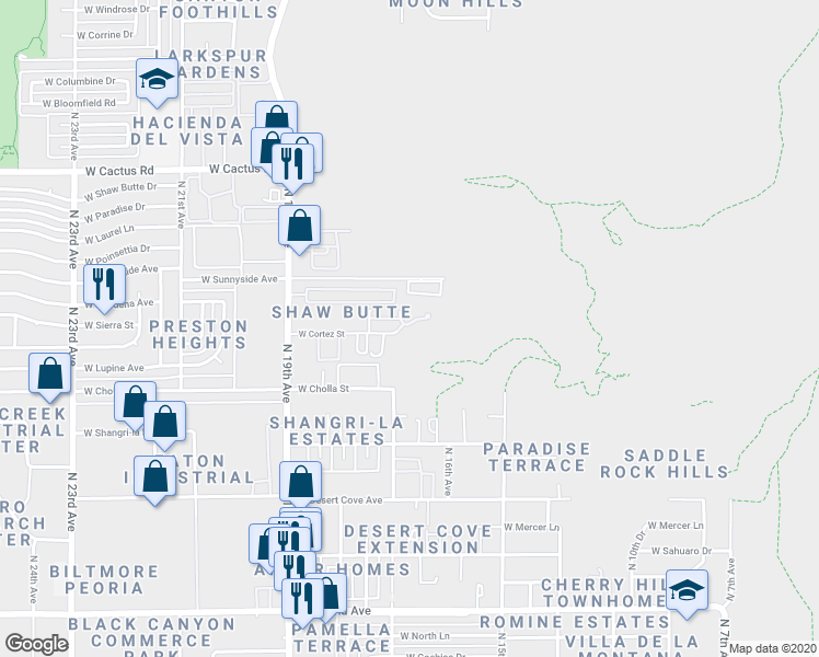 map of restaurants, bars, coffee shops, grocery stores, and more near 1716 West Cortez Street in Phoenix