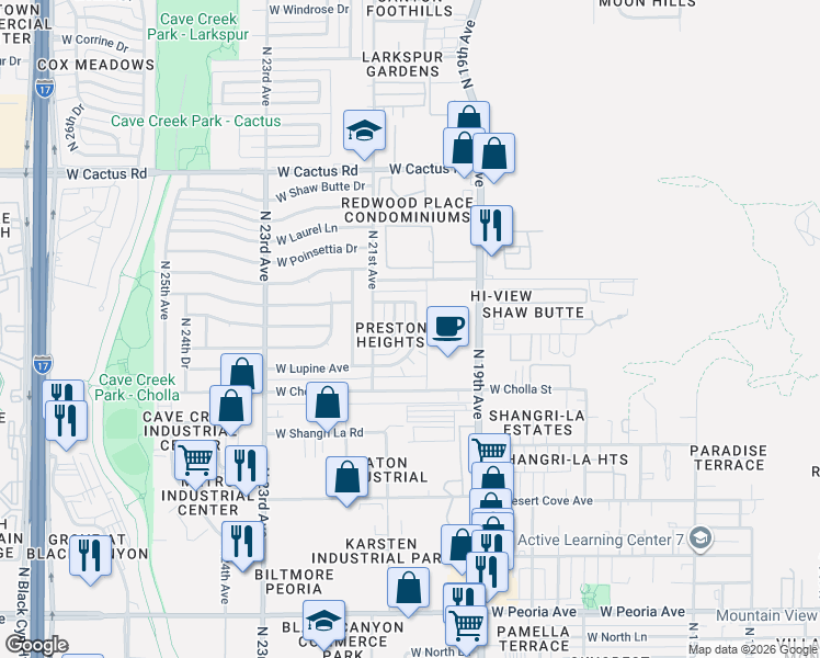 map of restaurants, bars, coffee shops, grocery stores, and more near 11520 North 20th Avenue in Phoenix