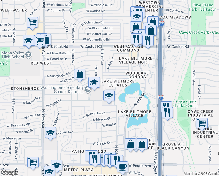 map of restaurants, bars, coffee shops, grocery stores, and more near 11450 North 30th Lane in Phoenix