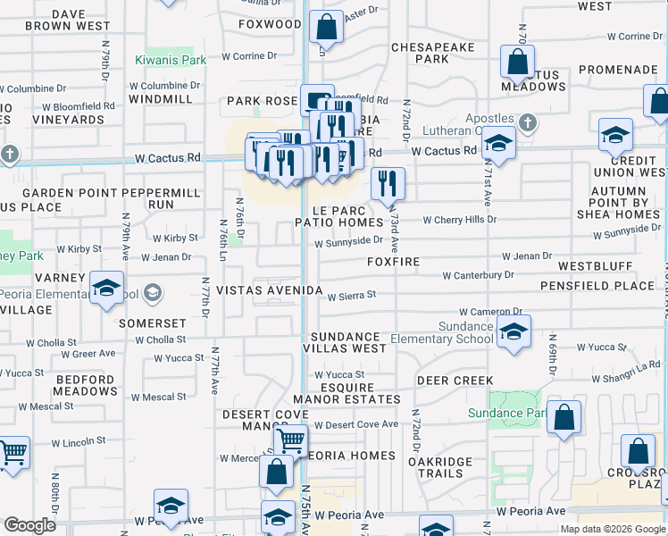 map of restaurants, bars, coffee shops, grocery stores, and more near 7434 West Canterbury Drive in Peoria