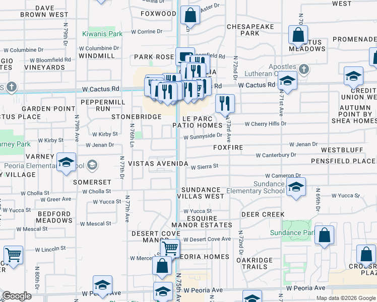 map of restaurants, bars, coffee shops, grocery stores, and more near 7434 West Canterbury Drive in Peoria