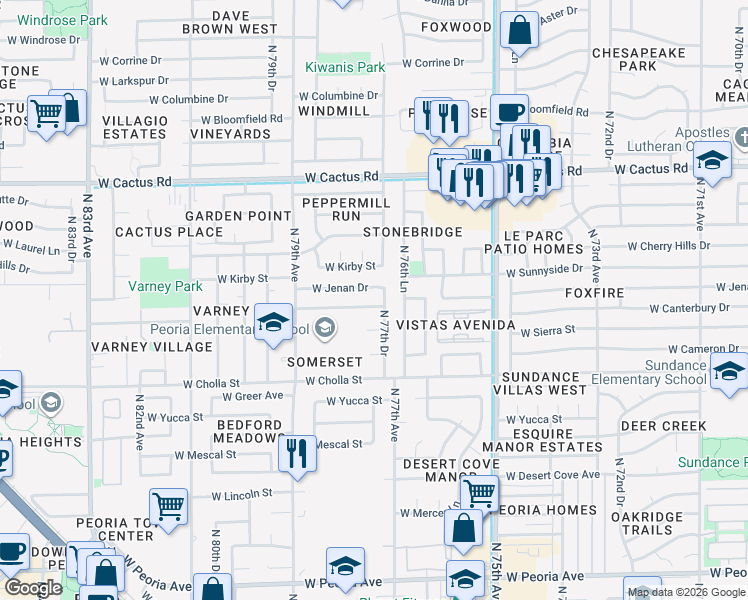 map of restaurants, bars, coffee shops, grocery stores, and more near 7721 West Canterbury Drive in Peoria
