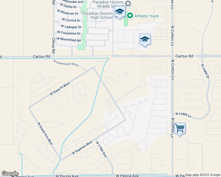 map of restaurants, bars, coffee shops, grocery stores, and more near 17543 West San Marcos Street in Surprise