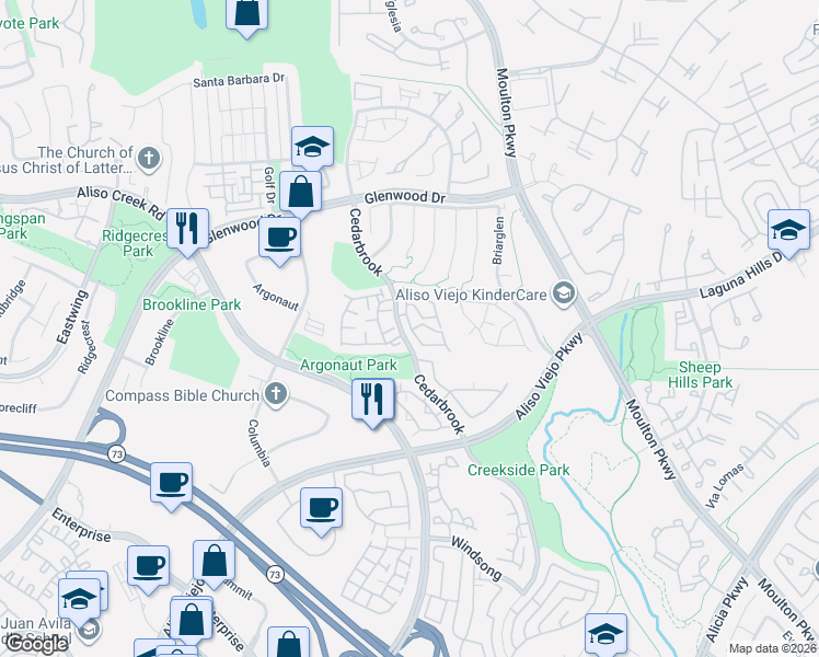 map of restaurants, bars, coffee shops, grocery stores, and more near 45 Sandalwood in Laguna Hills