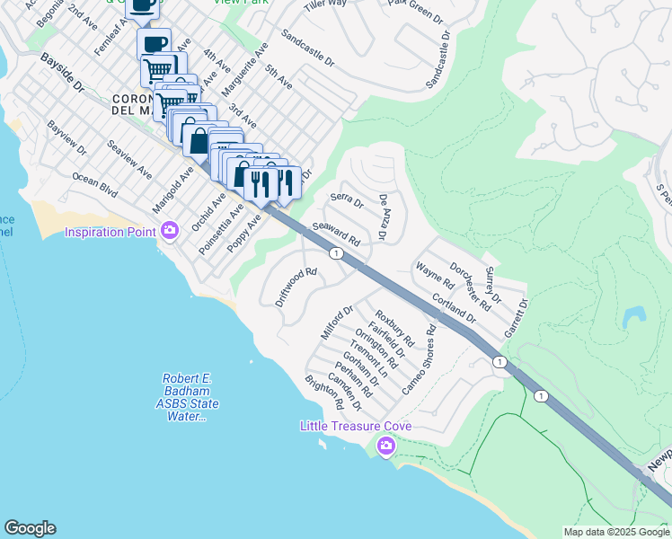map of restaurants, bars, coffee shops, grocery stores, and more near 327 Driftwood Road in Newport Beach
