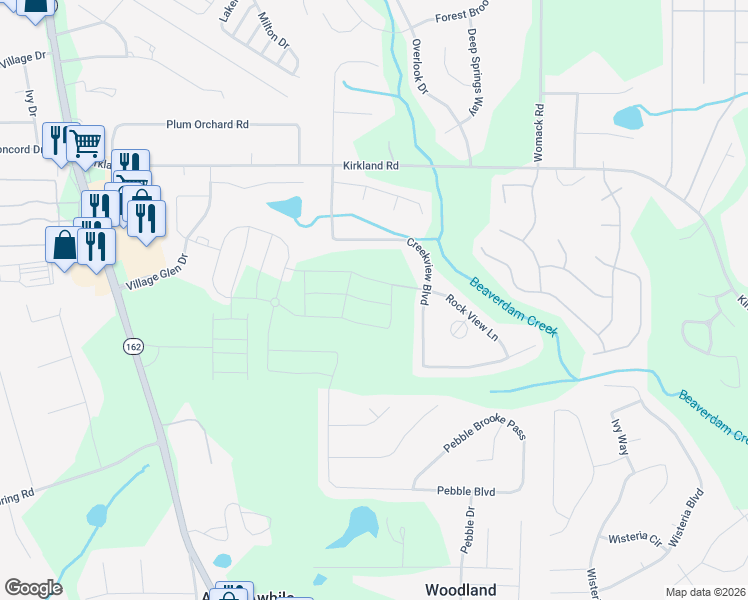 map of restaurants, bars, coffee shops, grocery stores, and more near 340 Creekview Boulevard in Covington