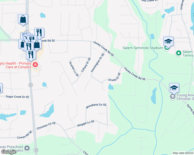 map of restaurants, bars, coffee shops, grocery stores, and more near 1721 Druids Crossing Southeast in Conyers