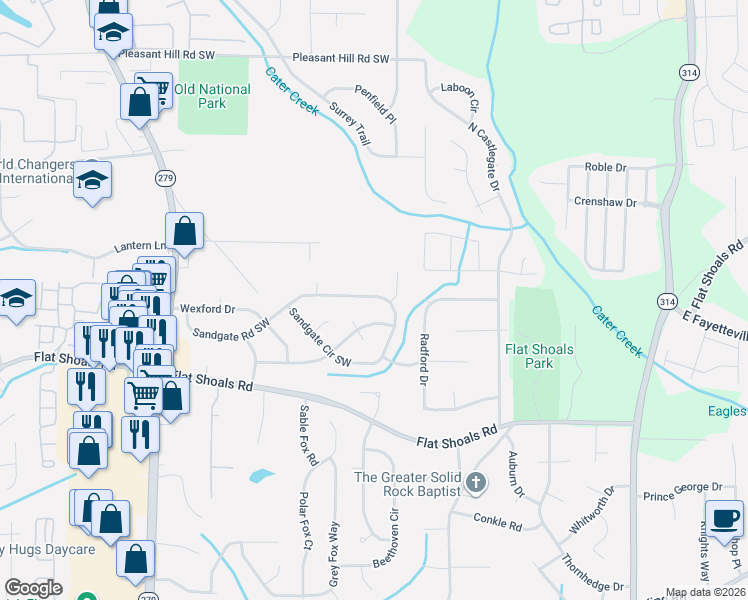 map of restaurants, bars, coffee shops, grocery stores, and more near 2170 Sandgate Circle Southwest in College Park