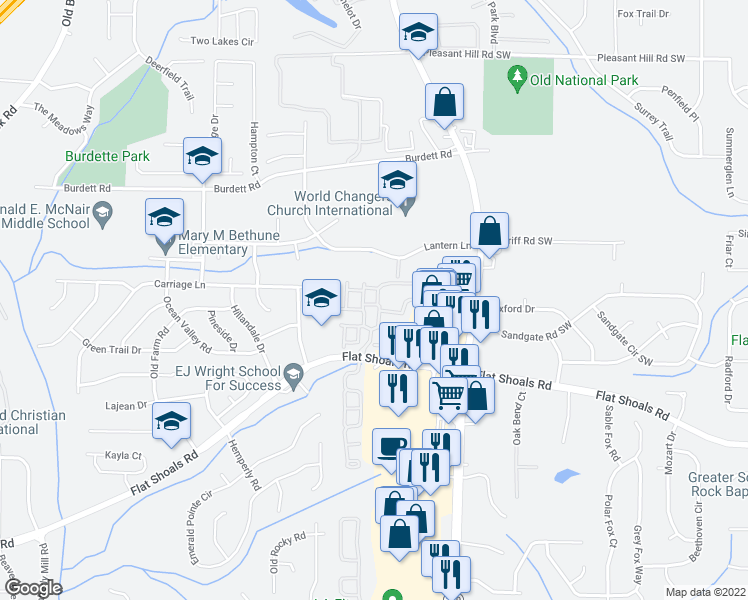 map of restaurants, bars, coffee shops, grocery stores, and more near 2555 Flat Shoals Road in College Park
