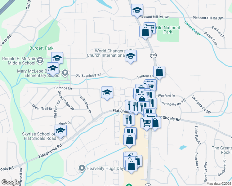 map of restaurants, bars, coffee shops, grocery stores, and more near 2555 Flat Shoals Road in Atlanta