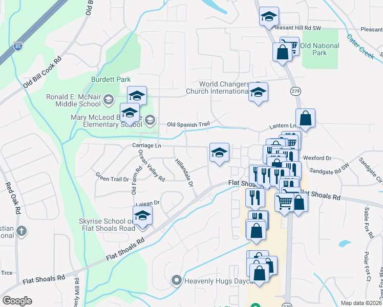 map of restaurants, bars, coffee shops, grocery stores, and more near 6065 Carriage Court in College Park
