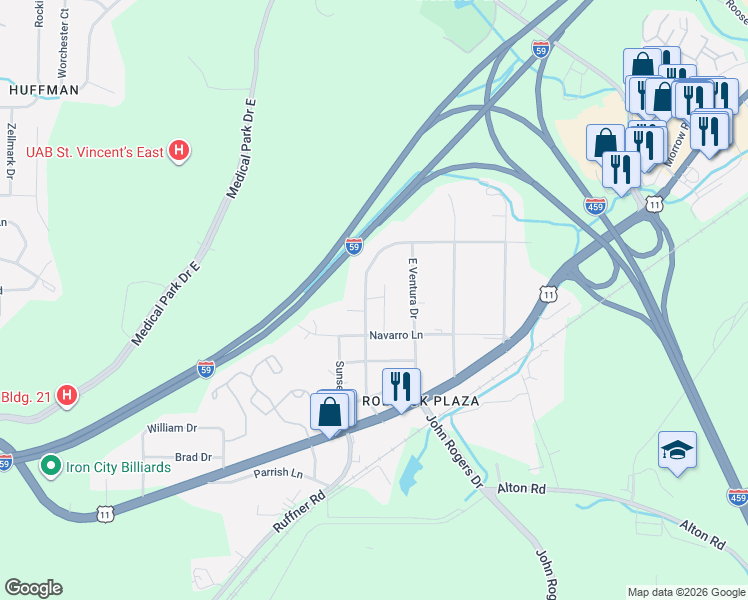 map of restaurants, bars, coffee shops, grocery stores, and more near 421 Del Rio Drive in Birmingham