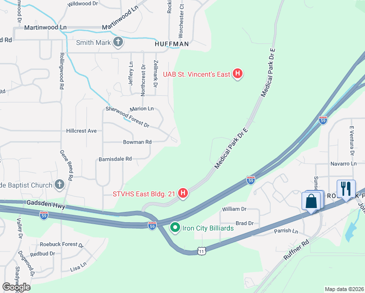 map of restaurants, bars, coffee shops, grocery stores, and more near 705 Sherwood Forest Circle in Birmingham
