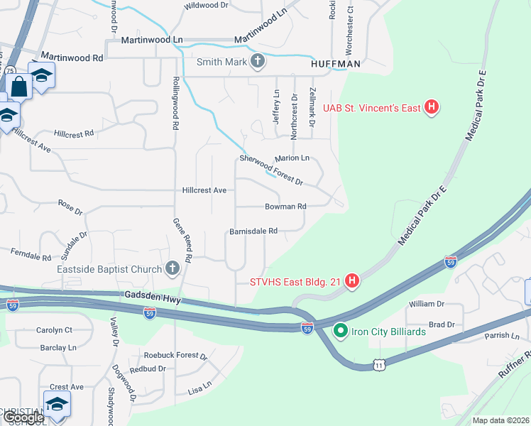 map of restaurants, bars, coffee shops, grocery stores, and more near 1125 Bowman Road in Birmingham