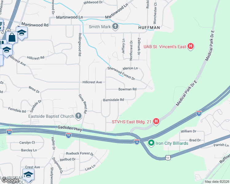 map of restaurants, bars, coffee shops, grocery stores, and more near 1125 Bowman Road in Birmingham