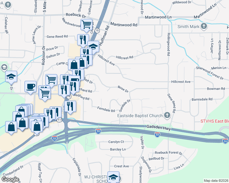 map of restaurants, bars, coffee shops, grocery stores, and more near 801 Rose Drive in Birmingham