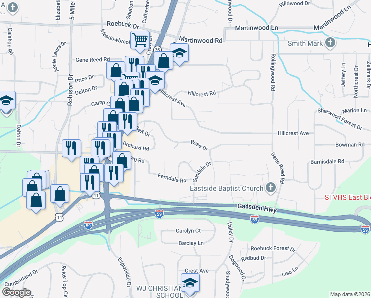 map of restaurants, bars, coffee shops, grocery stores, and more near 801 Rose Drive in Birmingham