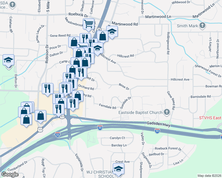 map of restaurants, bars, coffee shops, grocery stores, and more near 801 Rose Drive in Birmingham